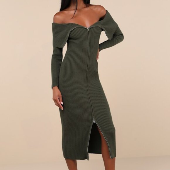 Lulus Dresses & Skirts - Lulus Trendy Aura Olive Green Off-the-shoulder Zip-front Sweater Dress